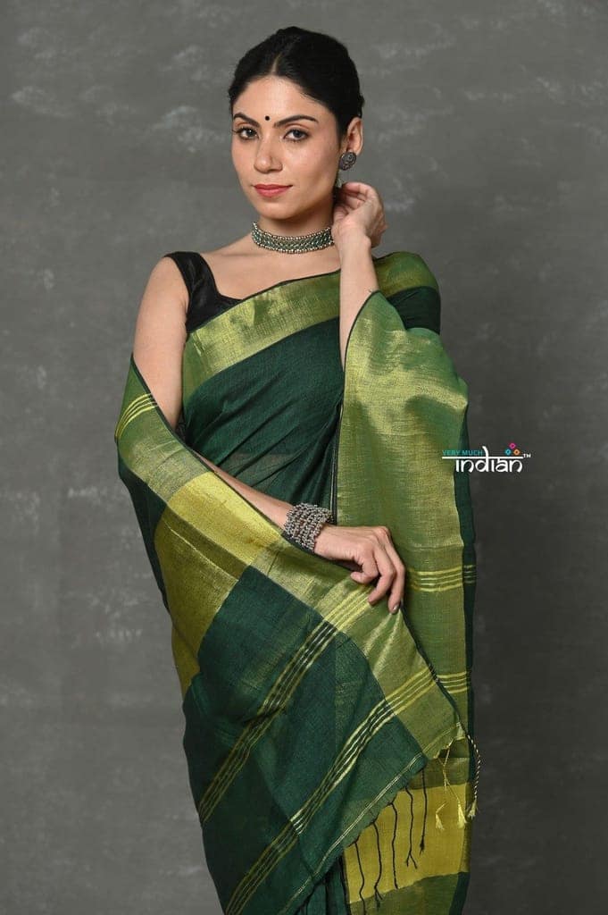 Tyohaar ~ Handloom Pure Cotton Linen Saree With Golden Border - Green view 4