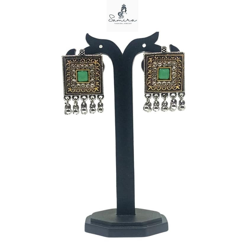 SAMIRA Luxury Handcrafted Necklace Jewellery Set with Ear Rings Oxidized Square Pendant view 4