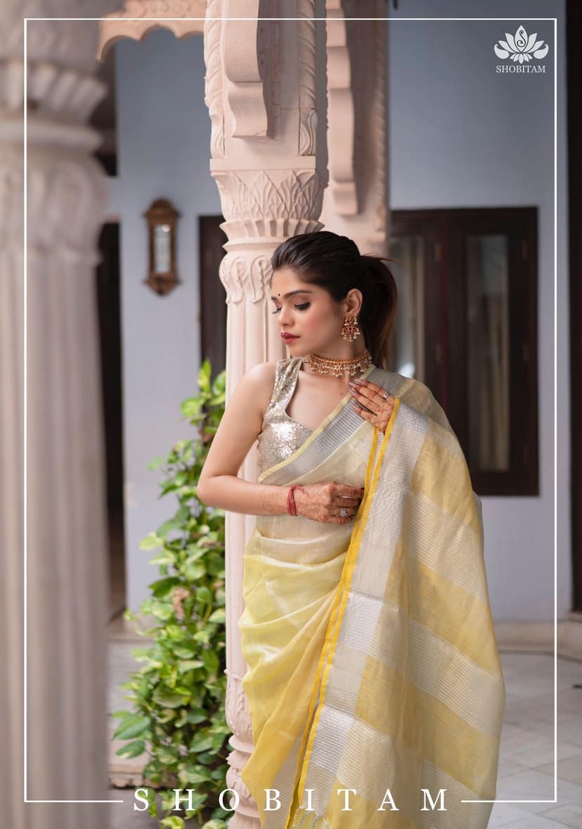 Ombre Yellow and Silver Tissue Linen Saree | Shobitam Saree