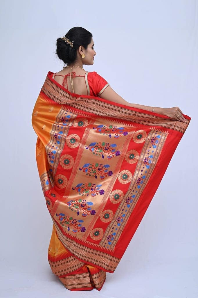 Orange Pure Silk Paithani Saree view 2