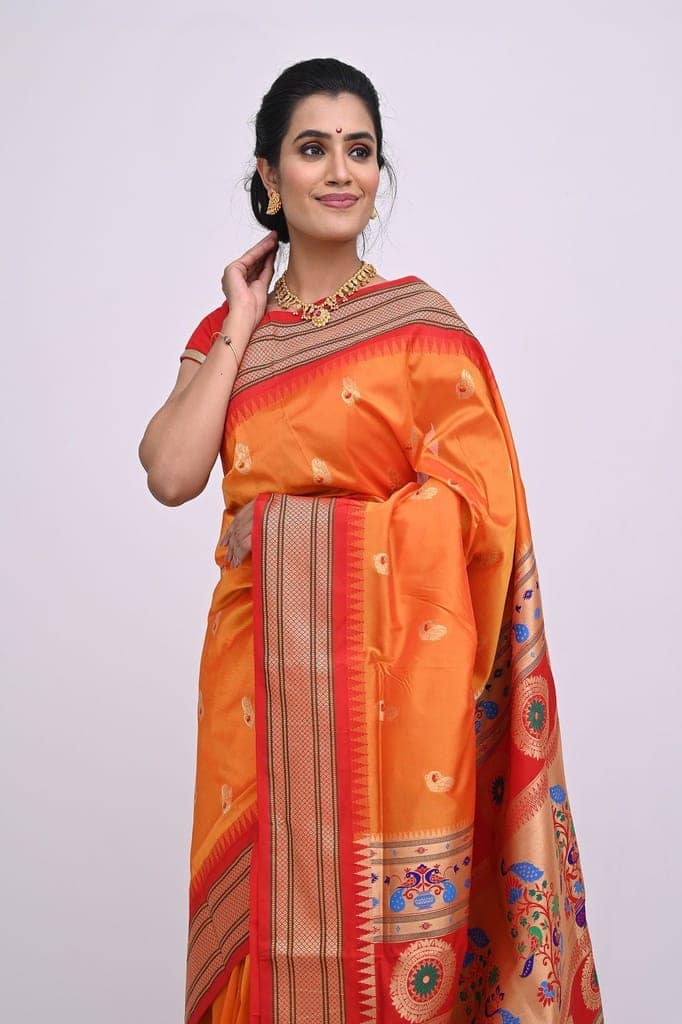 Orange Pure Silk Paithani Saree view 3
