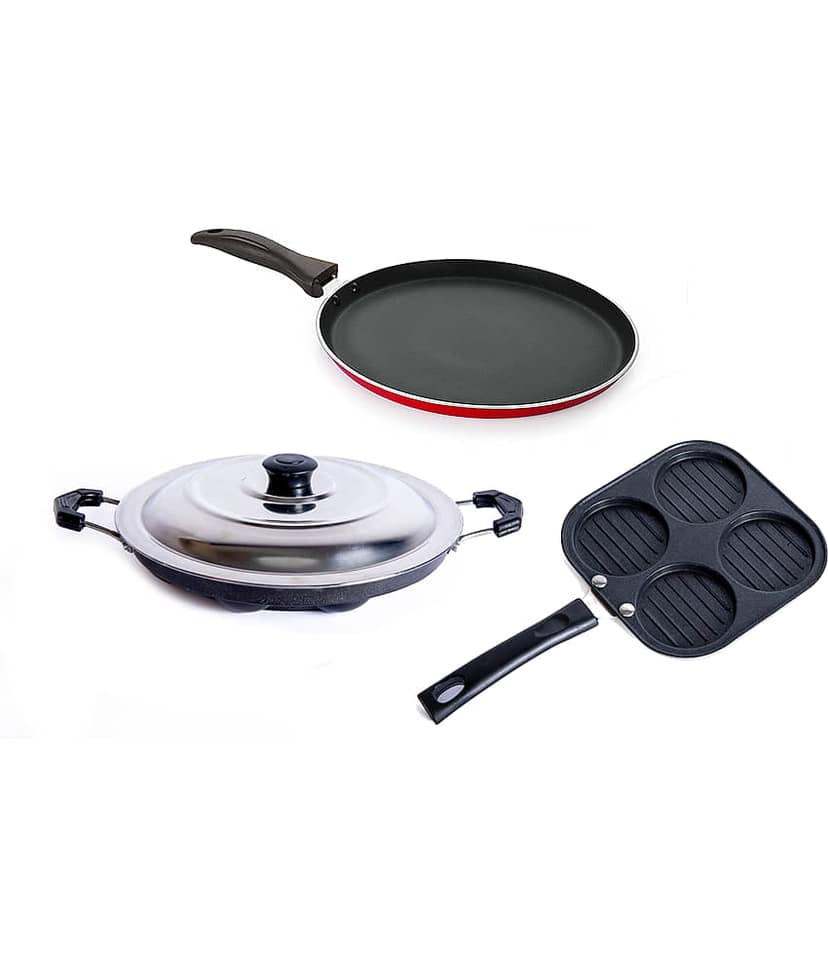 Homepro Non-Stick Set, Appam Patra with Steel Lid 12 Cavity,Mini Uttapam 4 Cavity, Dosa Tawa 23cm (Pack of 3)