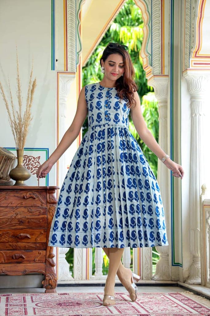 Pure Cotton (60*60) One Piece Dress Sleeveless Off White Color Handblock Printed (Size: S-XXXL, 34-44)-4224 view 3