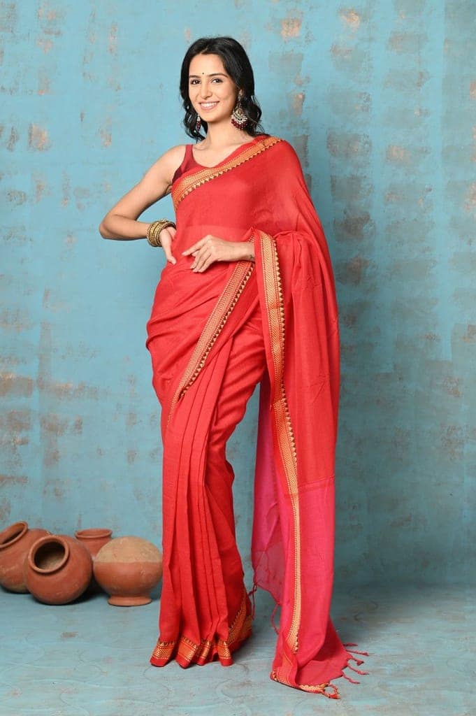 Tyohaar ~ Pure Mul Cotton Handloom Saree - Red