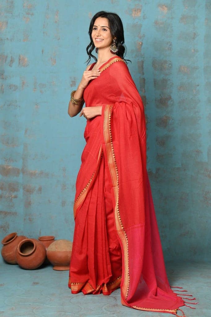 Tyohaar ~ Pure Mul Cotton Handloom Saree - Red view 2