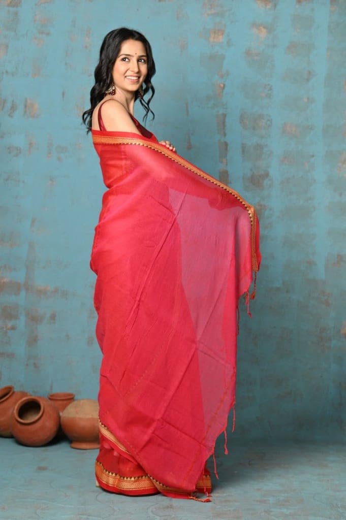 Tyohaar ~ Pure Mul Cotton Handloom Saree - Red view 3