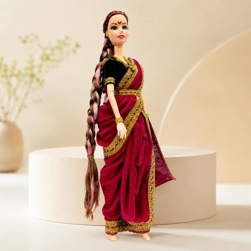 Mom and Me Traditional Indian Dolls for Girls 3+ Years, Kids Girls, Velvet Nauvari Saree Bride Doll, Cultural Festival Gift Toy with Storage Container, Pink & Green, Pink view 2