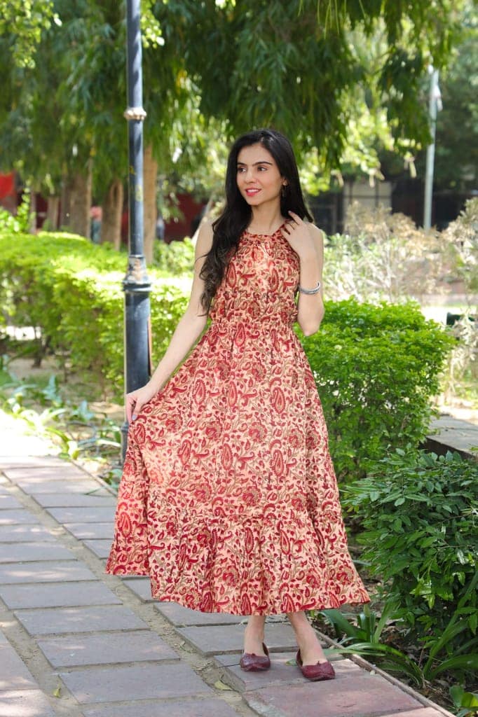 Pure Cotton Halter Neck Midi Orange Dress Hand Block Printed (Size: 38-46)-7067 view 2