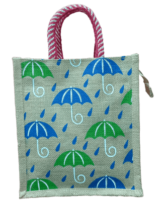 **Jute Bag with Colorful Umbrella Print**