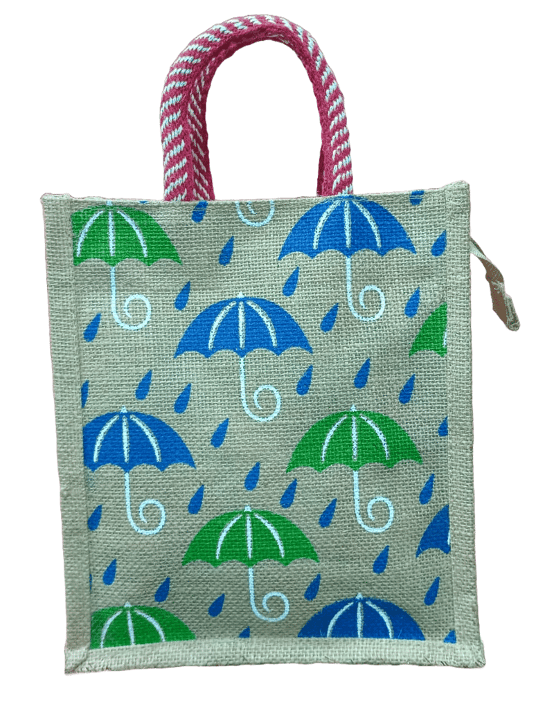 **Jute Bag with Colorful Umbrella Print**