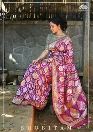 Authentic Kadhuwa Jungla Multi-color Meenakari Jaal Banarasi Silk Saree in Plum with Grand Pallu and Zari | SILK MARK CERTIFIED