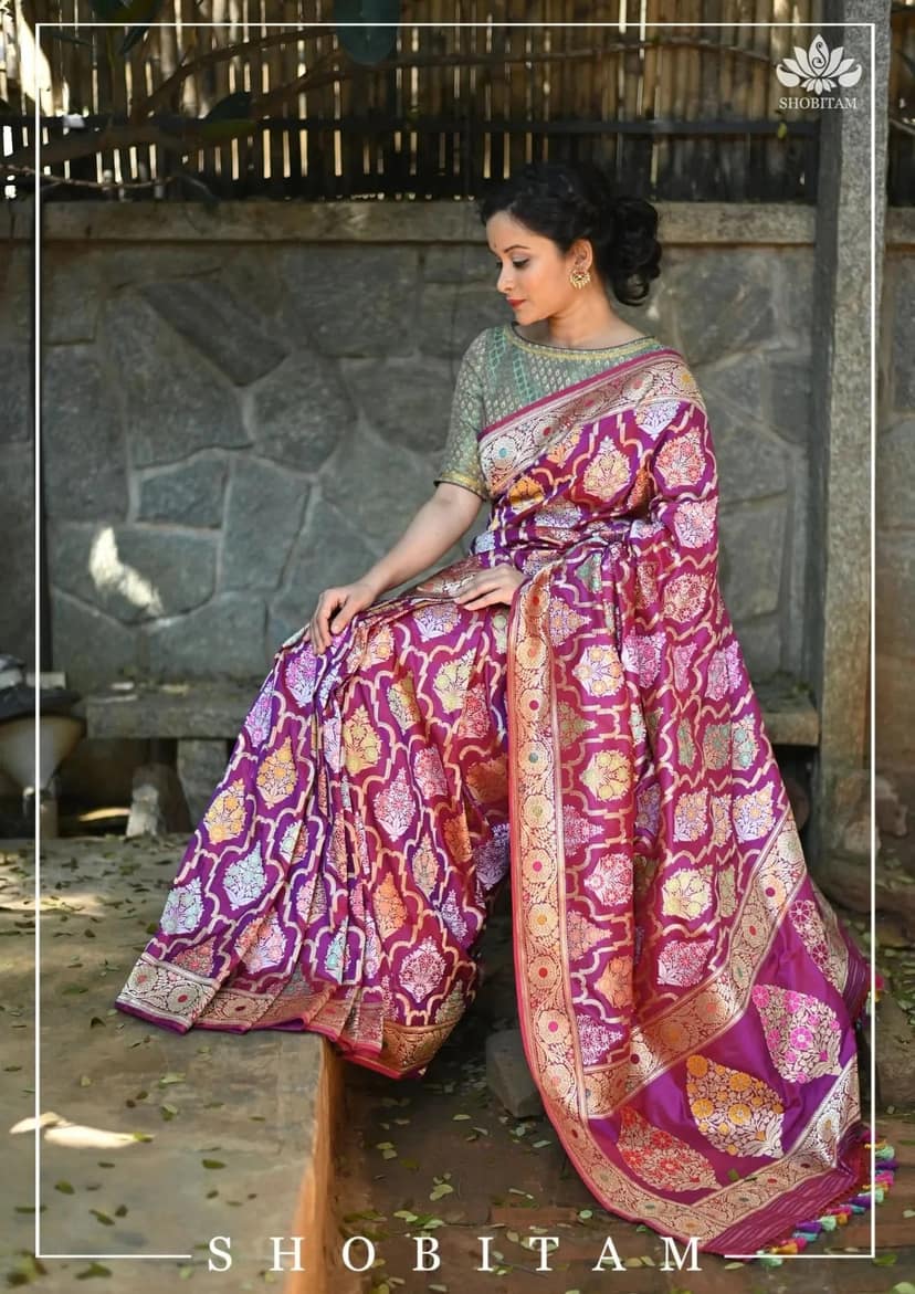 Authentic Kadhuwa Jungla Multi-color Meenakari Jaal Banarasi Silk Saree in Plum with Grand Pallu and Zari | SILK MARK CERTIFIED