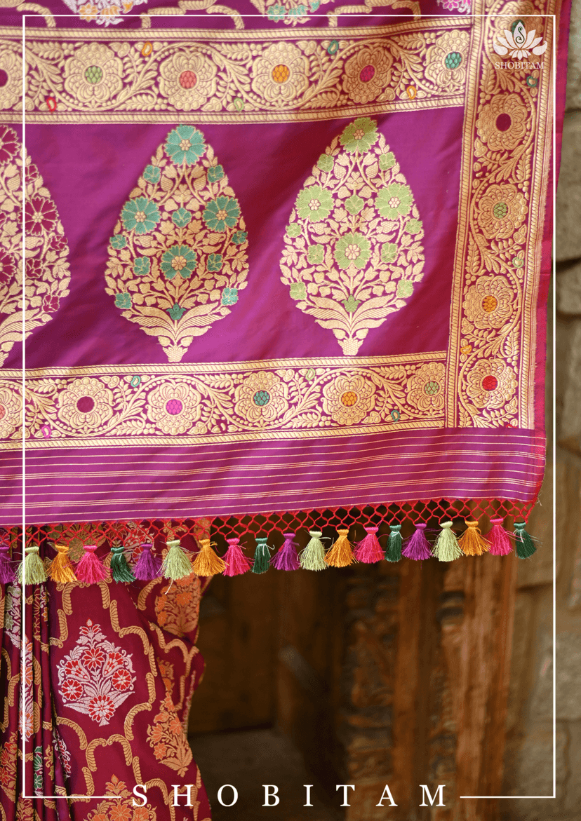 Authentic Kadhuwa Jungla Multi-color Meenakari Jaal Banarasi Silk Saree in Plum with Grand Pallu and Zari | SILK MARK CERTIFIED view 10