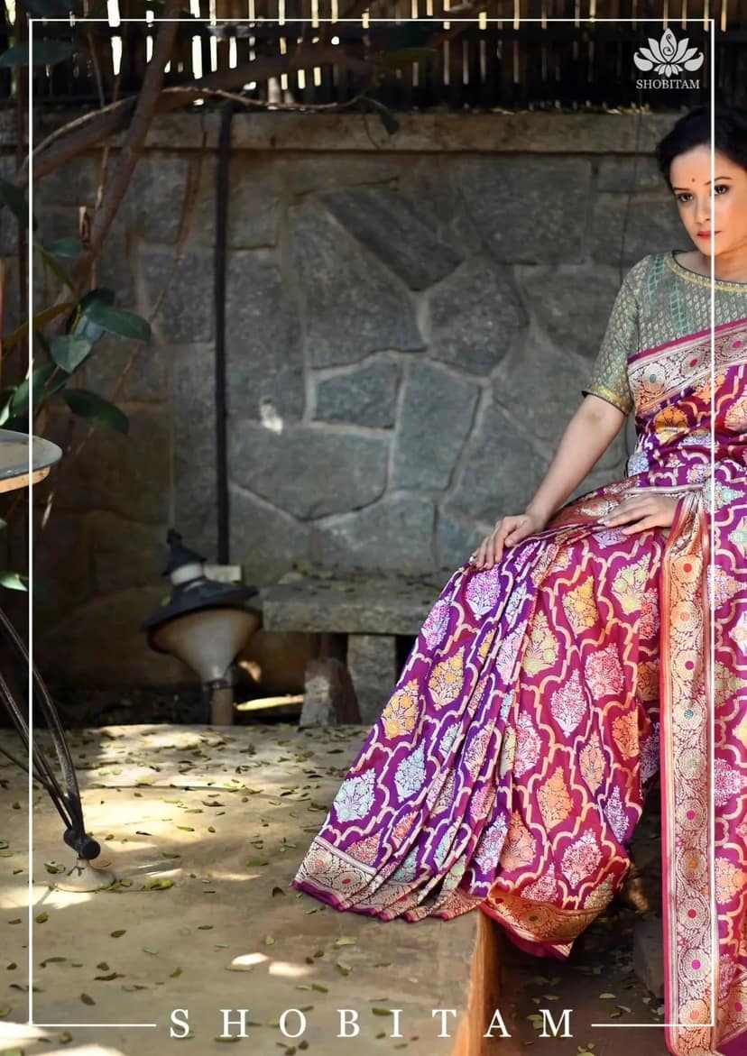 Authentic Kadhuwa Jungla Multi-color Meenakari Jaal Banarasi Silk Saree in Plum with Grand Pallu and Zari | SILK MARK CERTIFIED view 2