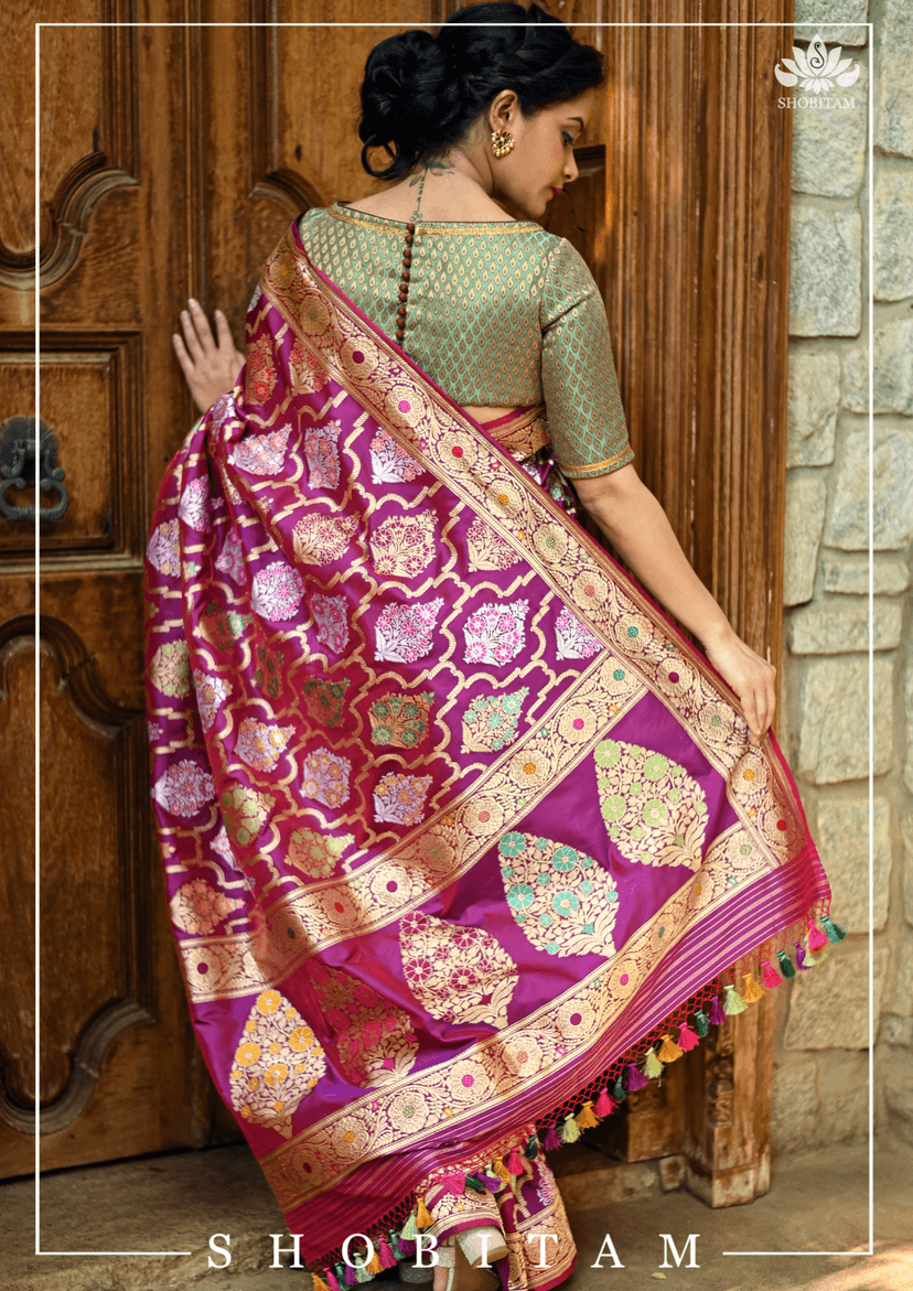 Authentic Kadhuwa Jungla Multi-color Meenakari Jaal Banarasi Silk Saree in Plum with Grand Pallu and Zari | SILK MARK CERTIFIED view 5