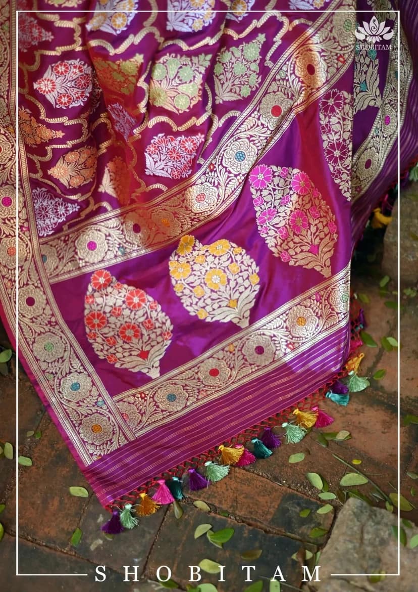 Authentic Kadhuwa Jungla Multi-color Meenakari Jaal Banarasi Silk Saree in Plum with Grand Pallu and Zari | SILK MARK CERTIFIED view 6