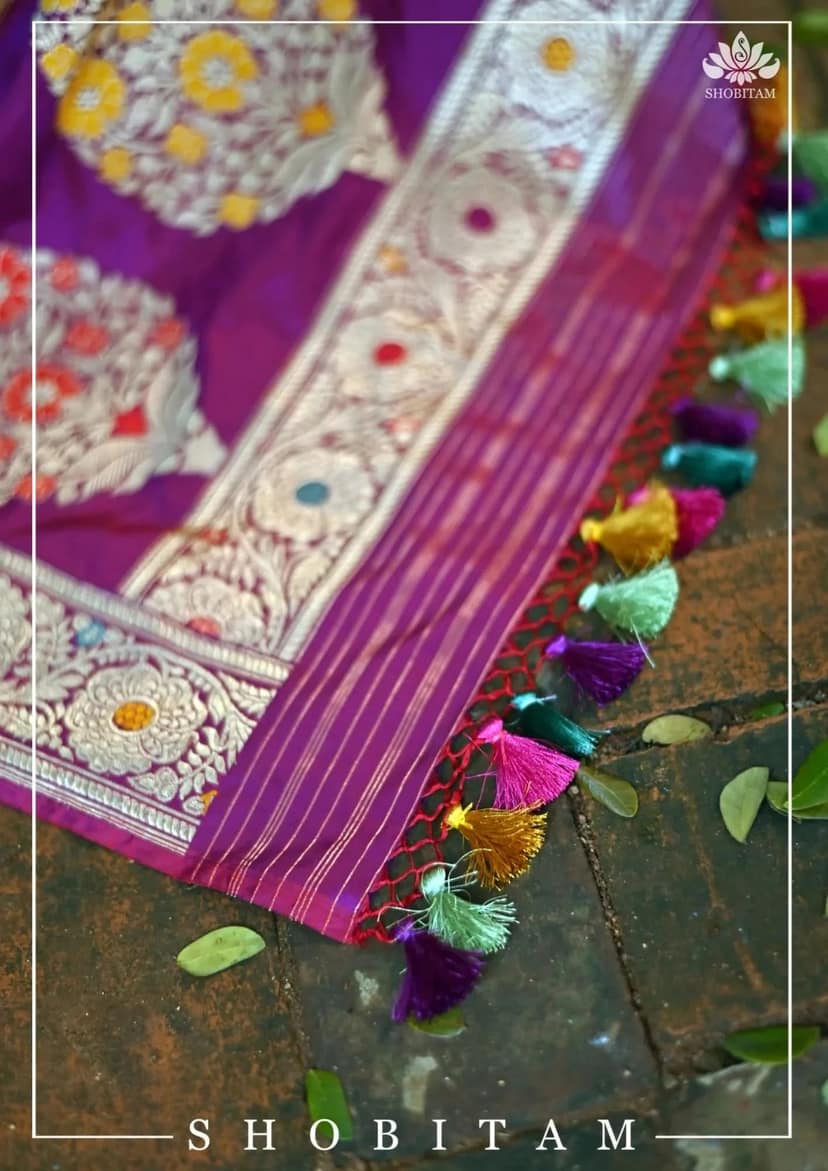 Authentic Kadhuwa Jungla Multi-color Meenakari Jaal Banarasi Silk Saree in Plum with Grand Pallu and Zari | SILK MARK CERTIFIED view 7