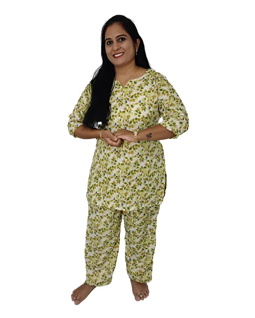 Mom and Me Women's Cotton Floral Print Co-Ord Set, 3/4 Sleeve Kurta with Pyjama, Ethnic Nightwear, Multicolour (Light Green, M)