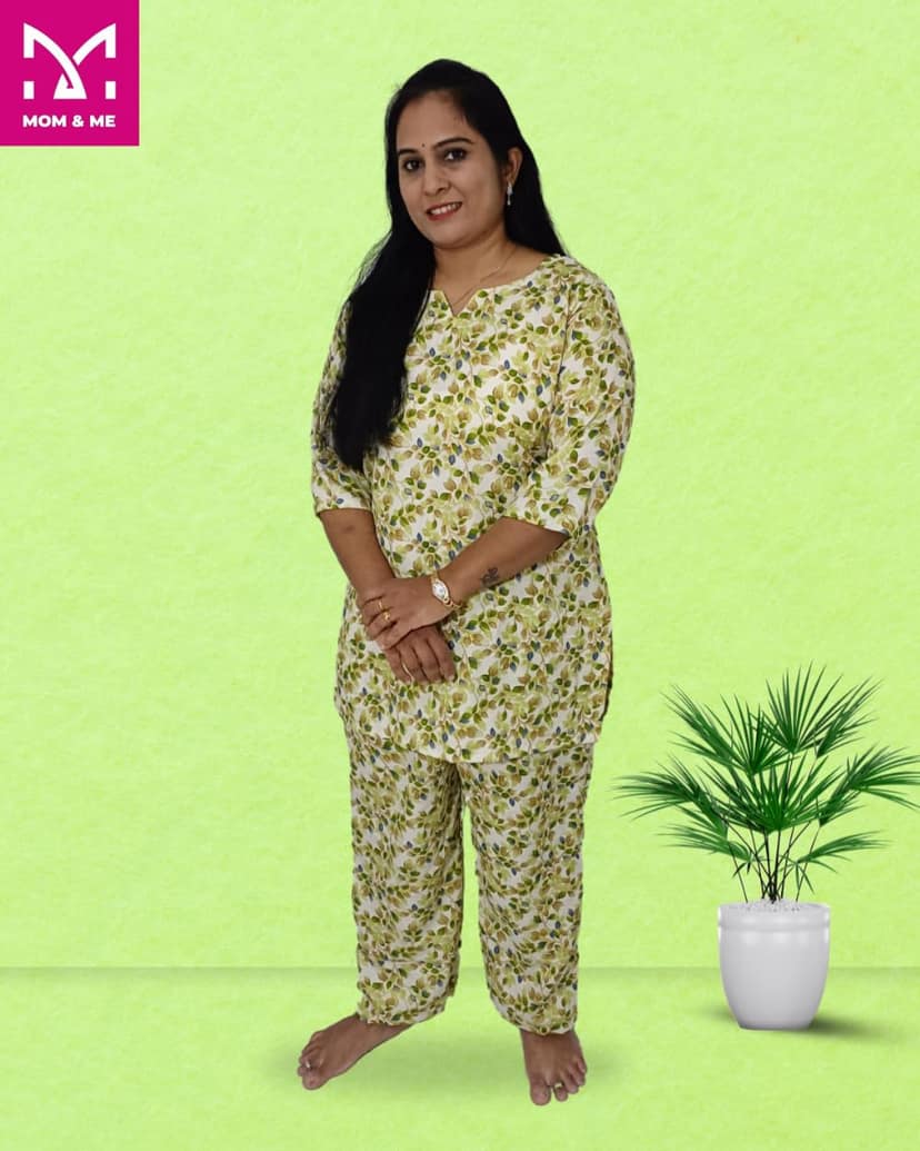 Mom and Me Women's Cotton Floral Print Co-Ord Set, 3/4 Sleeve Kurta with Pyjama, Ethnic Nightwear, Multicolour (Light Green, M) view 2