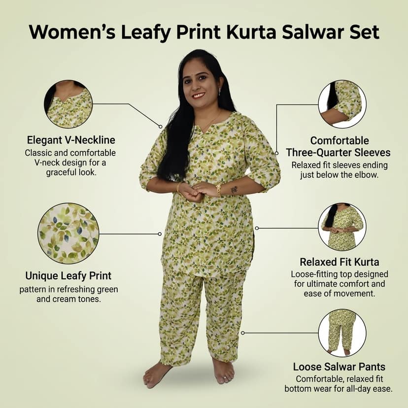 Mom and Me Women's Cotton Floral Print Co-Ord Set, 3/4 Sleeve Kurta with Pyjama, Ethnic Nightwear, Multicolour (Light Green, M) view 4