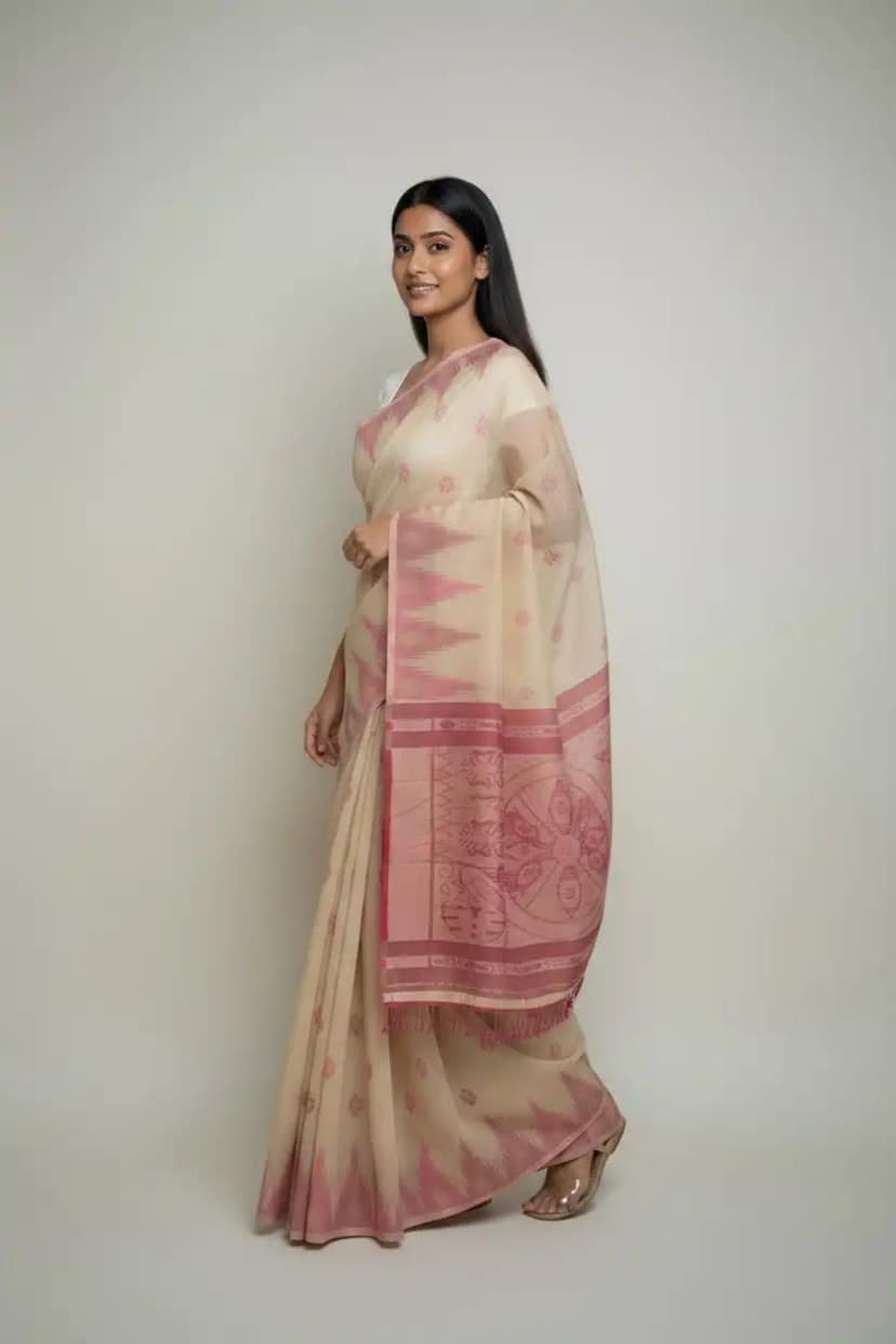 Sonepuri Cotton Saree Rose Khaki Temple Border Buti view 2