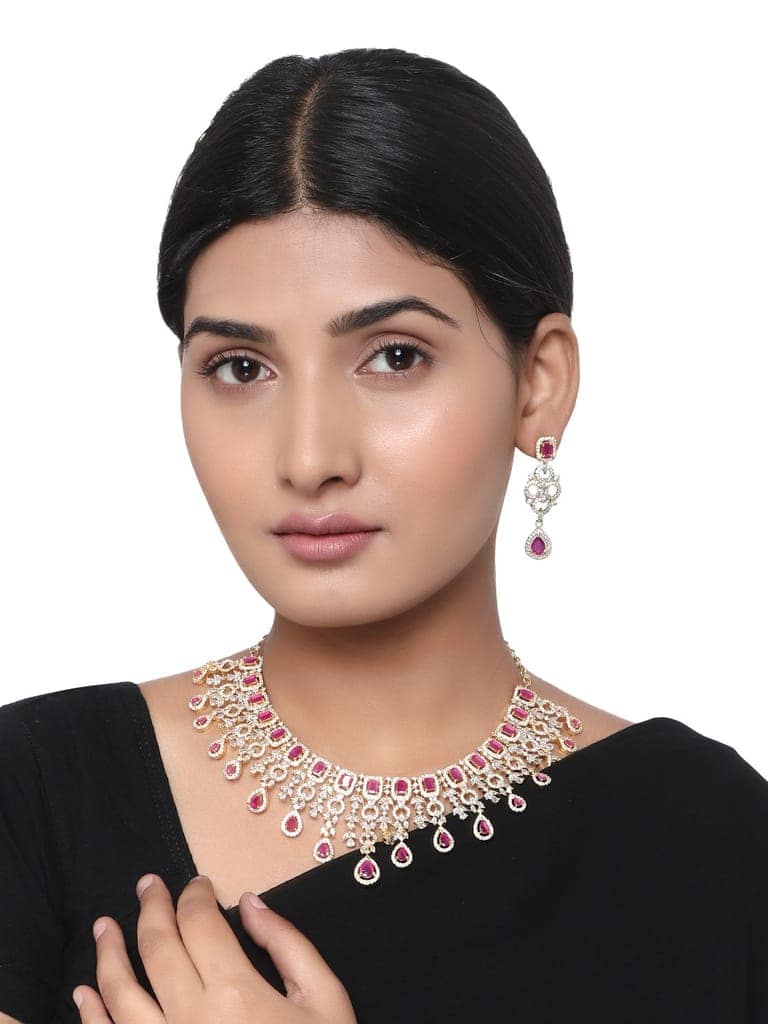 Cardinal American Diamond Ruby Color Stone Gold Plated Necklace Set view 2