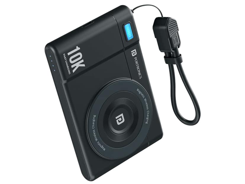 Portronics Power Shutter Air 10K 15W Wireless Output, 22.5W Wired Output, In Built Type C Cable, Light Weight - Black