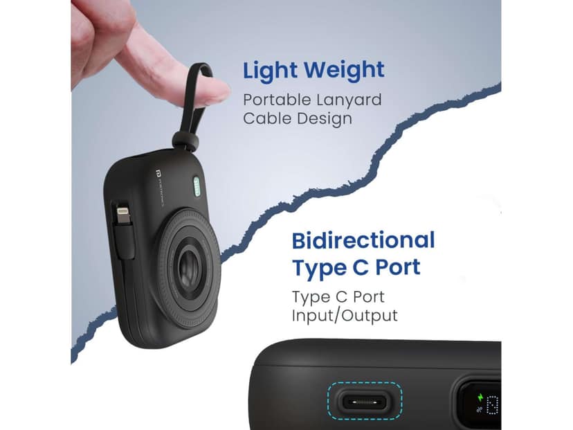 Portronics Power Shutter Air 10K 15W Wireless Output, 22.5W Wired Output, In Built Type C Cable, Light Weight - Black view 3