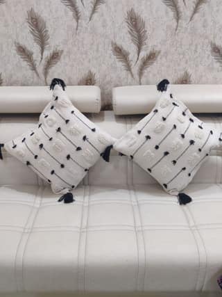 BulkySanta handtufted Cotton Cushion Covers for Sofa, 16 in x 16 in (White Black Stitch)