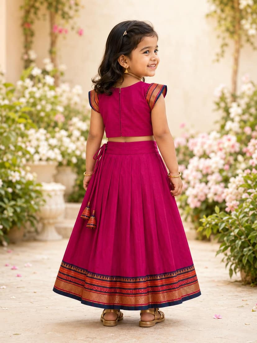 Mom and Me Girls’ Lehenga Choli/Parker Polka/Pattu Pavadai (0 Months–6 Years) | Acrylic Cotton with Soft Cotton Lining | V-Neck, Short Puff Sleeves, Zipper Closure (Pink, 3-6 M) view 2