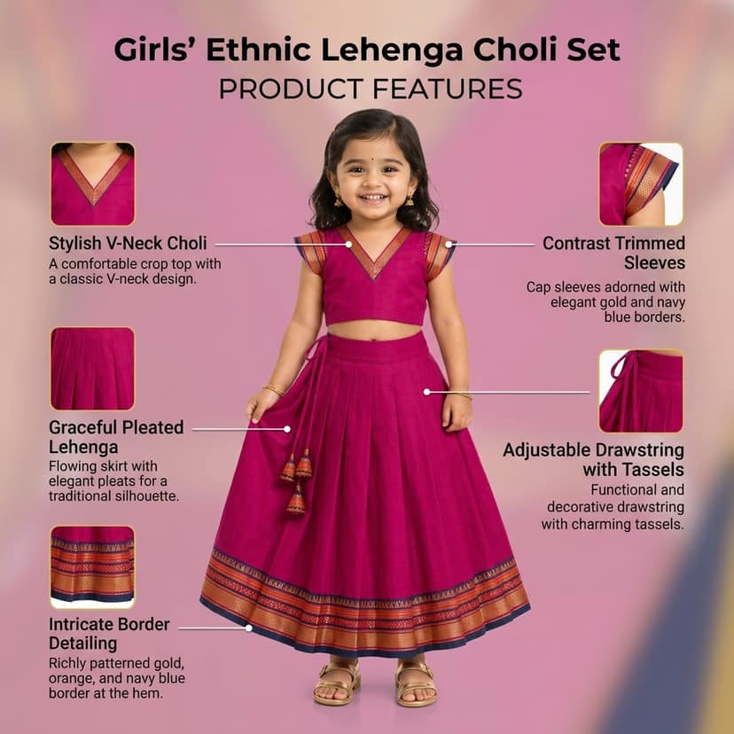 Mom and Me Girls’ Lehenga Choli/Parker Polka/Pattu Pavadai (0 Months–6 Years) | Acrylic Cotton with Soft Cotton Lining | V-Neck, Short Puff Sleeves, Zipper Closure (Pink, 3-6 M) view 4