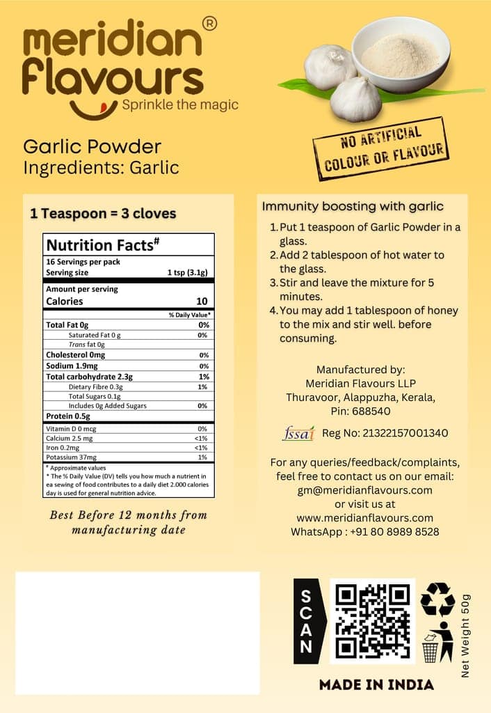 Meridian Flavours Dehydrated Garlic Powder | Washed and Cleaned | Outer Skin Removed | 100% Natural and Preservatives Free | 1 Teaspoon Powder = 3 Garlic Cloves | (Garlic Powder, 50gm) view 4