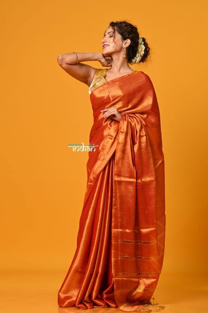 Param Sundari ~ Exclusive Handloom Pure Tissue Cotton Saree in Sapphire Orange Gold view 2