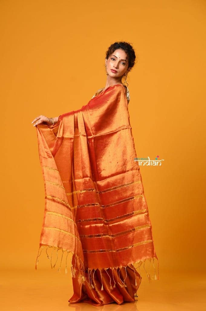Param Sundari ~ Exclusive Handloom Pure Tissue Cotton Saree in Sapphire Orange Gold view 4