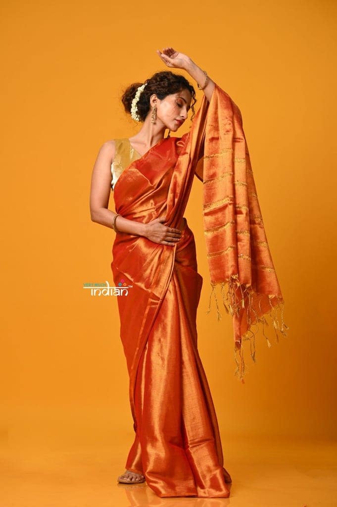 Param Sundari ~ Exclusive Handloom Pure Tissue Cotton Saree in Sapphire Orange Gold view 5