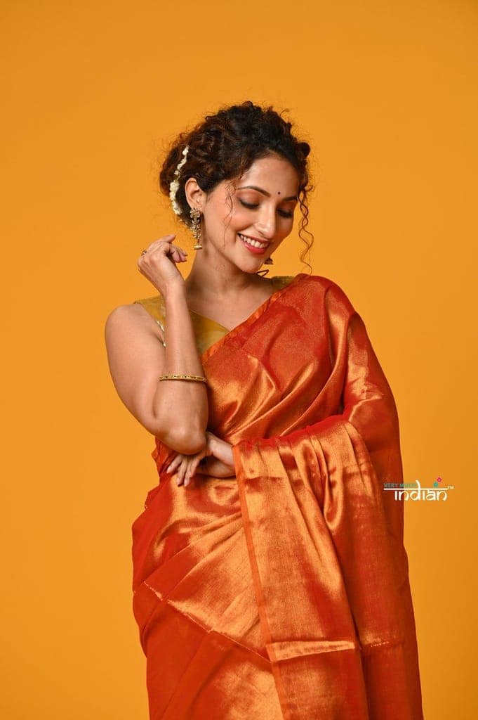 Param Sundari ~ Exclusive Handloom Pure Tissue Cotton Saree in Sapphire Orange Gold view 6