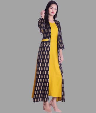SHREE JEE FABRICS Pack of 1 Rayon Printed Flared Women's Kurti - ( Mustard )