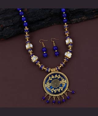 ShreejiHuf Alloy Blue Traditional Necklaces Set Long Haram