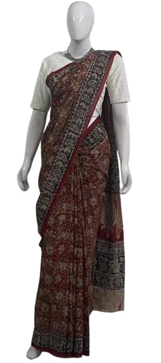 Kalamkari Cotton Saree Red Cream Floral