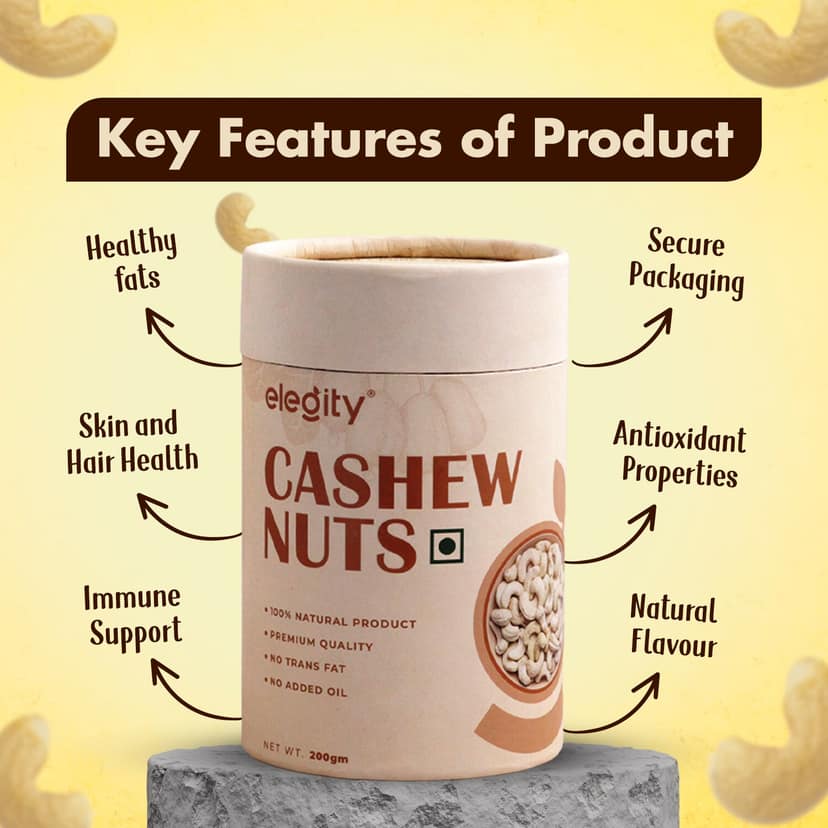 Elegity 100% Natural W210 Plain Cashew Papertube 200 gm | Whole Kaju - Nutritious, Delicious & Crunchy | No Added Preservatives in Dry Fruit | Source of Fibre, Rich in Protein
