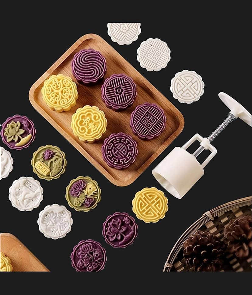 Moon Cake Mold 5 Pcs, Mid Autumn Festival DIY Hand Press Cookie Stamps Pastry Tool Moon Cake Maker, Flower Mode Patterns 1 Mold 5 Stamps 50g (White)