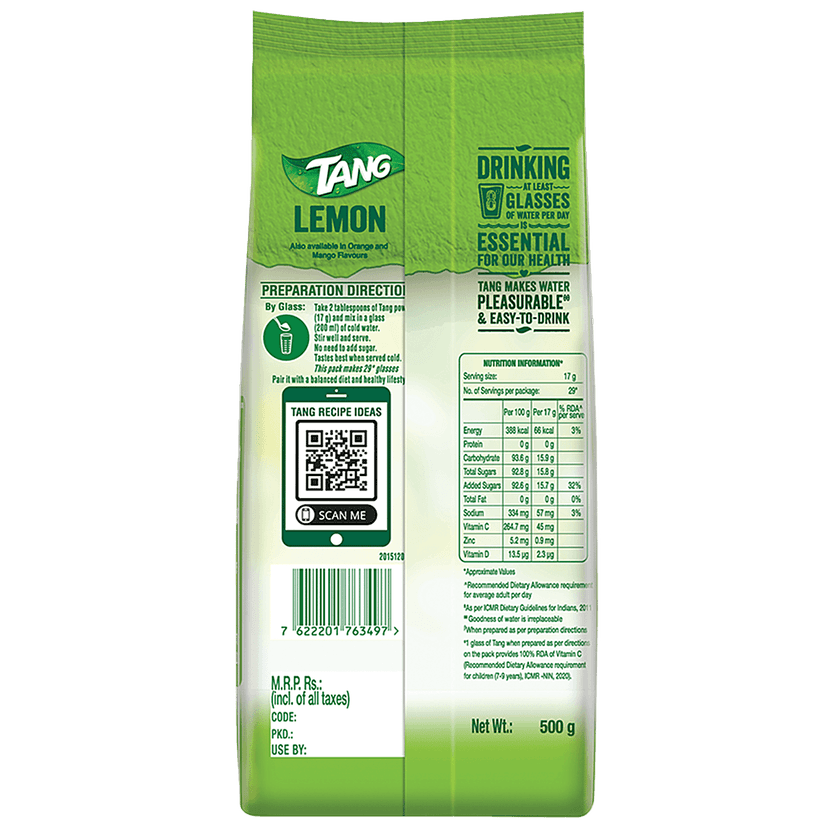 Tang Instant Drink Mix - Lemon, 500 G Pouch view 2