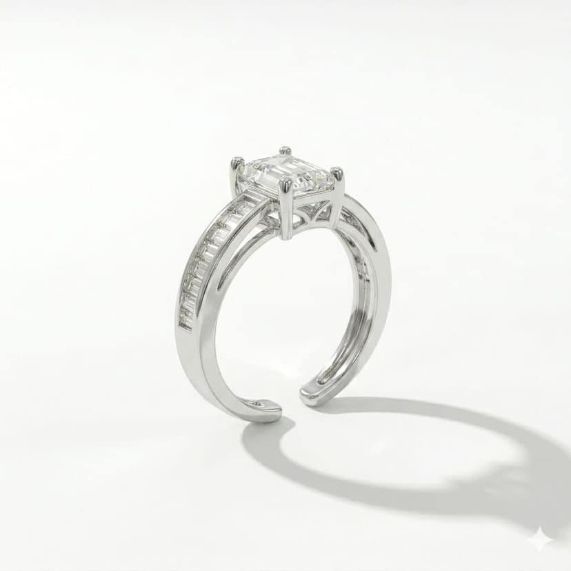 Xeeva Adjustable Emerald Cut American Diamond Silver Plated Ring view 2