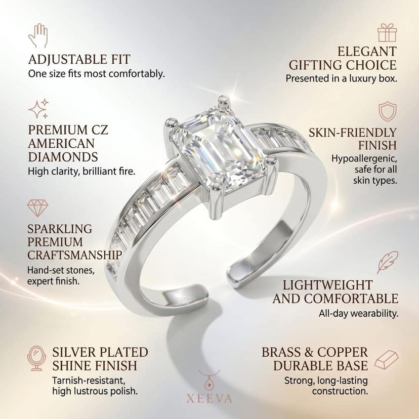 Xeeva Adjustable Emerald Cut American Diamond Silver Plated Ring view 6