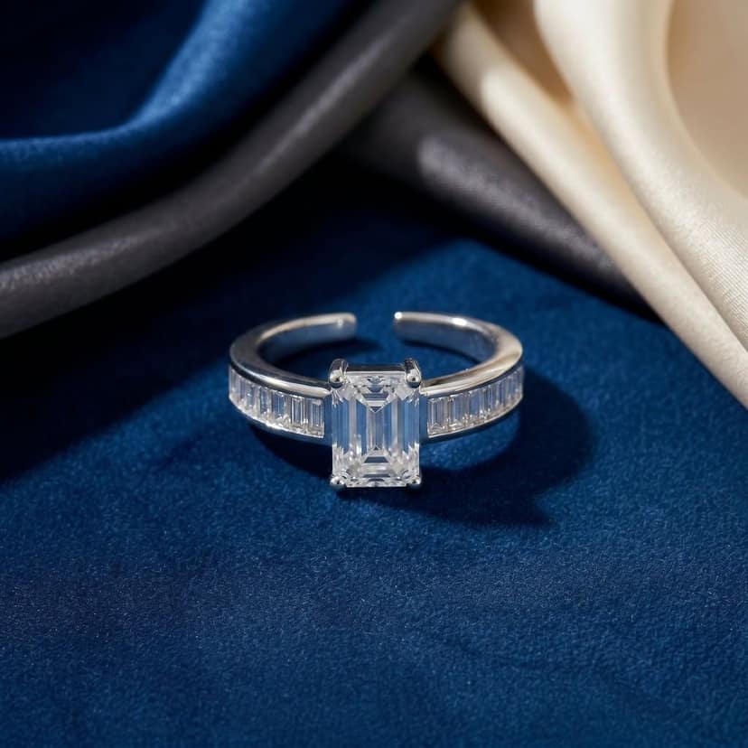 Xeeva Adjustable Emerald Cut American Diamond Silver Plated Ring view 7
