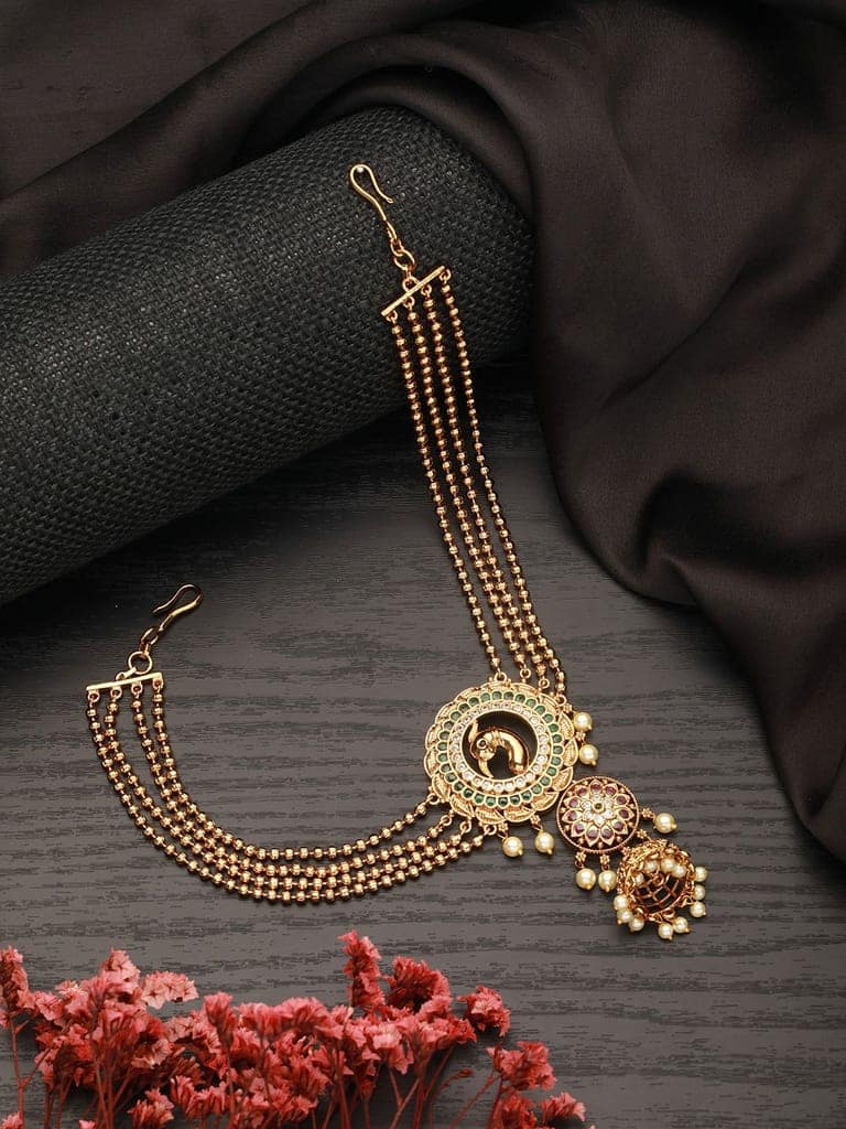 Gold Plated Kemp Studded Pearl Beaded Peacock Motif Bridal 3 layered chain Jadai billai Hair broach view 2