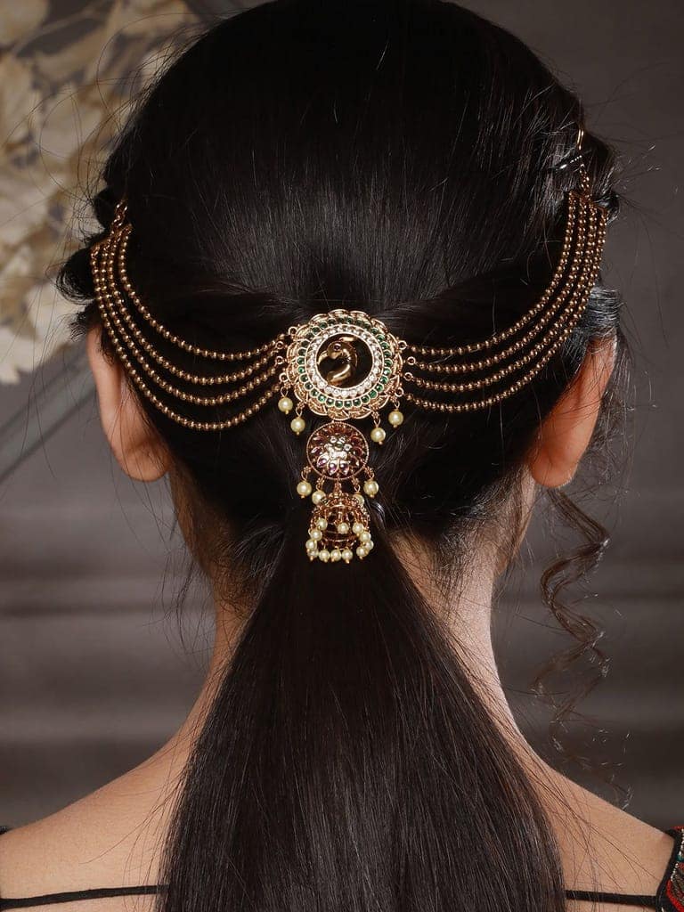 Gold Plated Kemp Studded Pearl Beaded Peacock Motif Bridal 3 layered chain Jadai billai Hair broach view 3
