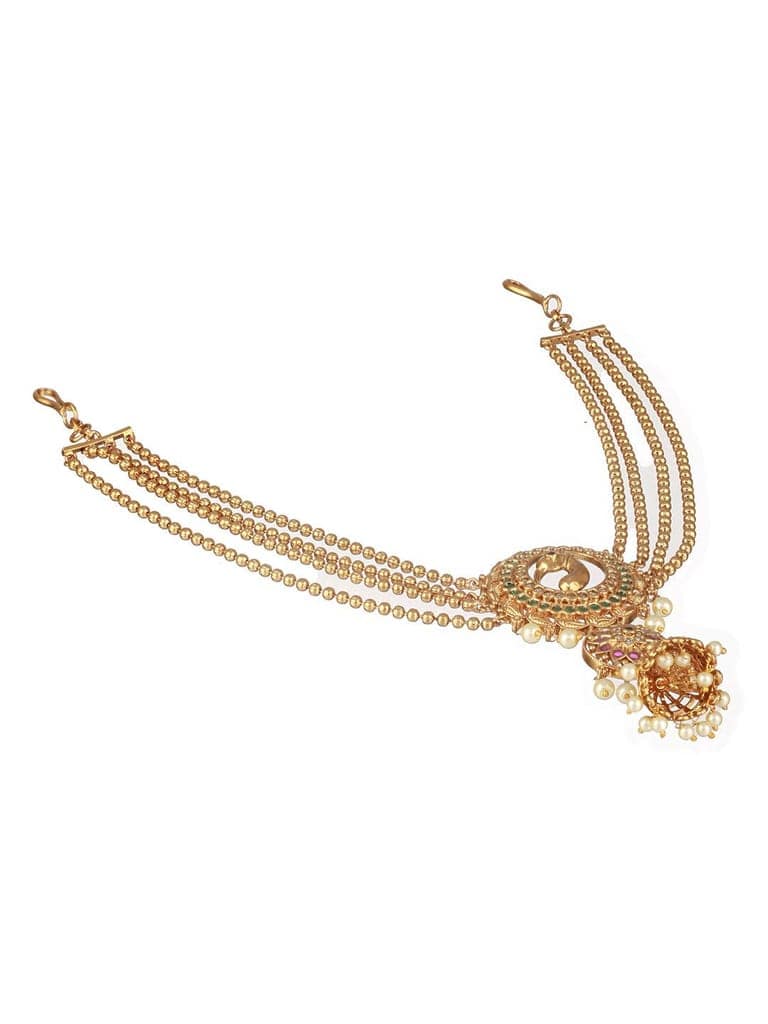 Gold Plated Kemp Studded Pearl Beaded Peacock Motif Bridal 3 layered chain Jadai billai Hair broach view 4