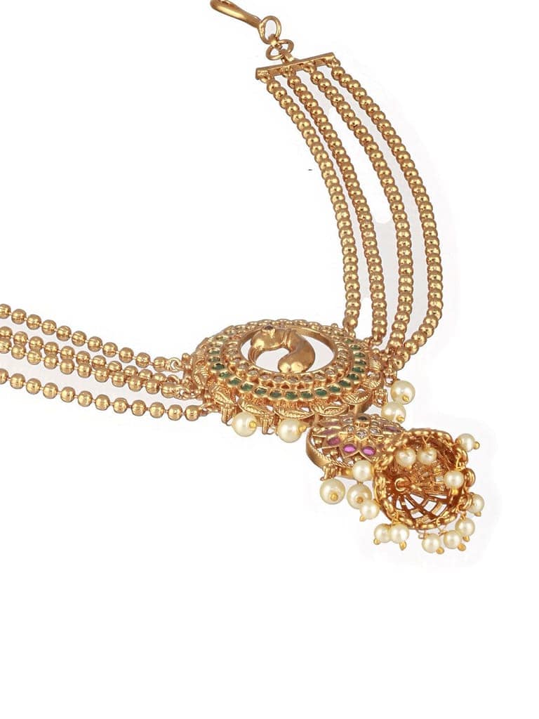 Gold Plated Kemp Studded Pearl Beaded Peacock Motif Bridal 3 layered chain Jadai billai Hair broach view 5