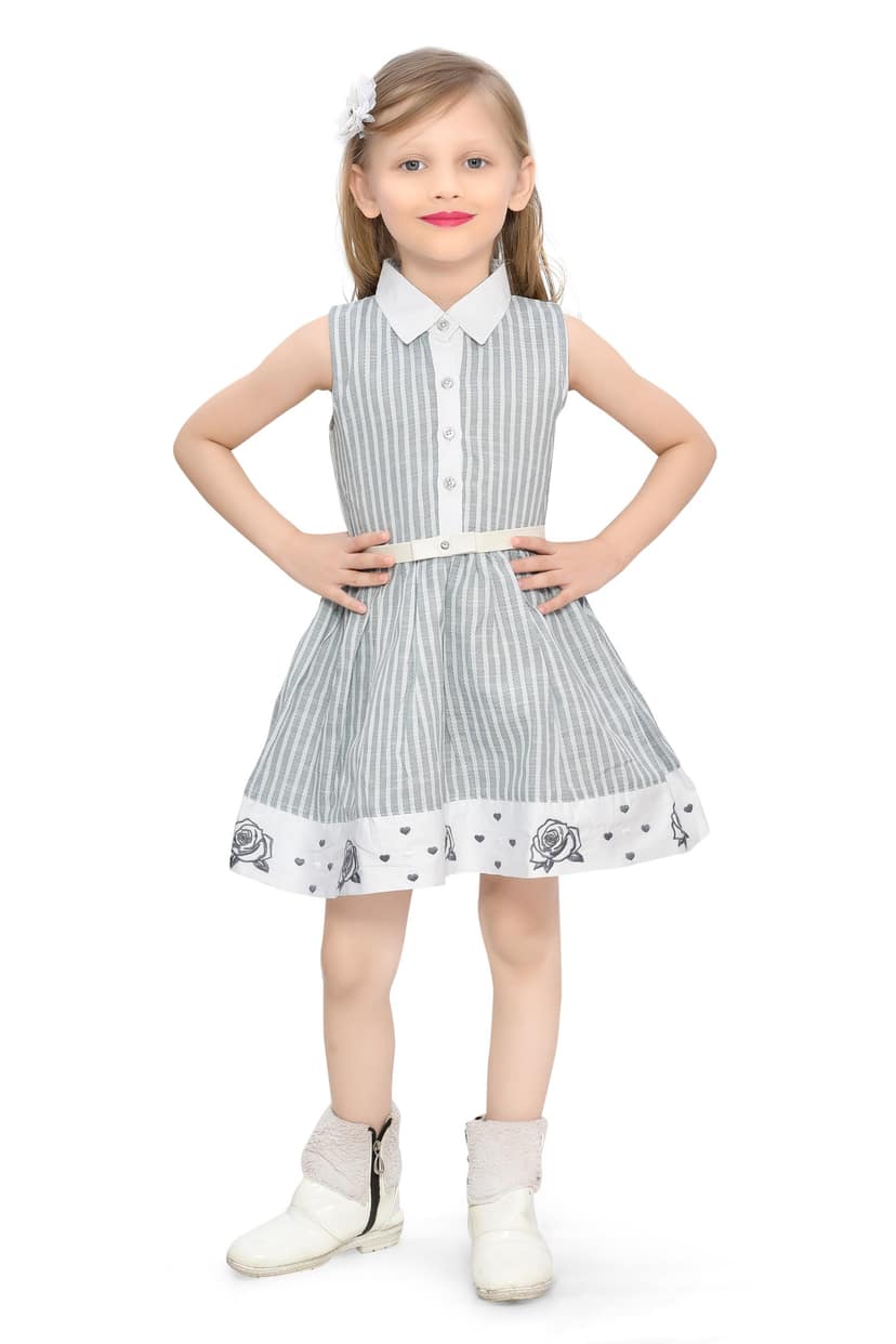 Be:Kids Grey Sweet Summer Stripes and Roses Cotton Dress with Peter Pan Collar view 2
